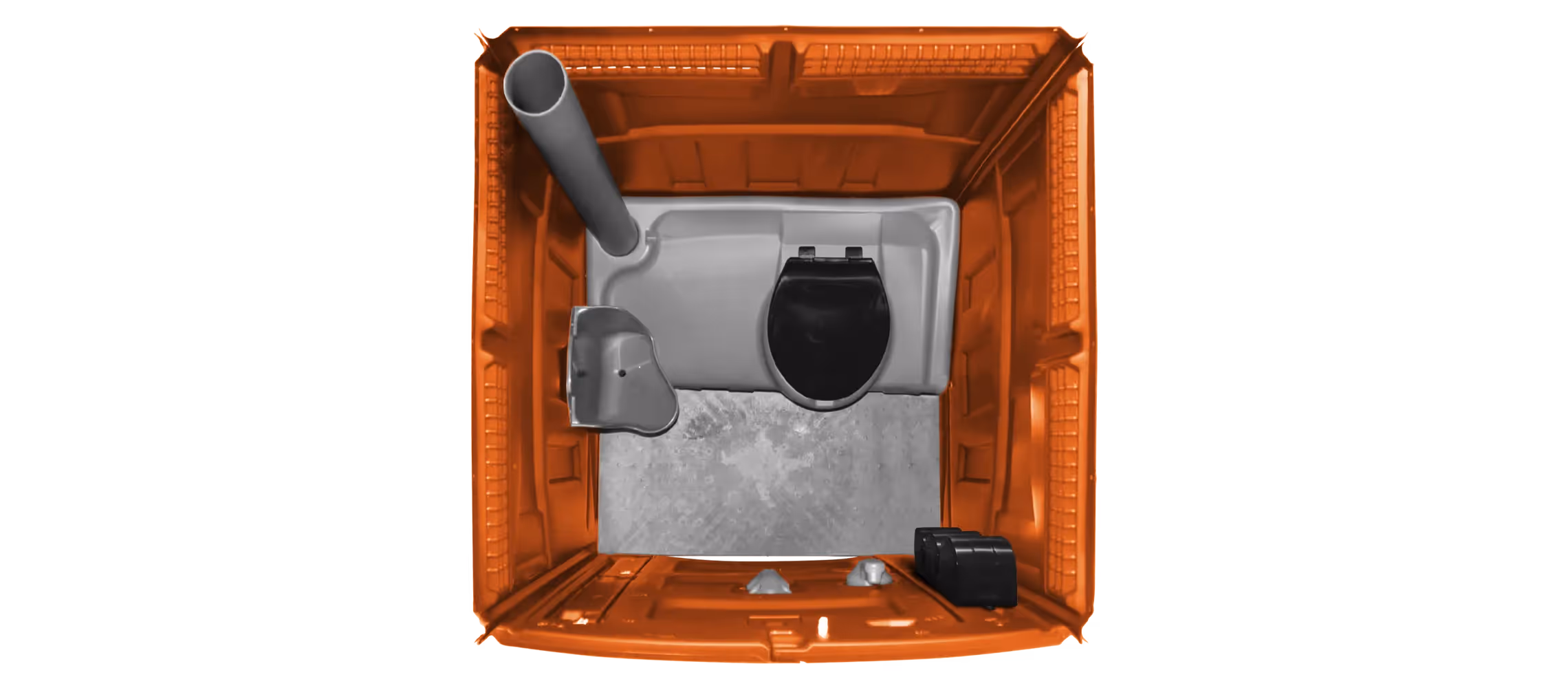 Top view of an orange portable toilet with a gray toilet seat and waste pipe.