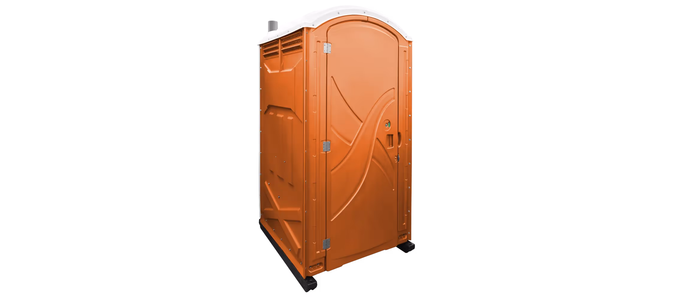 Orange portable restroom with a curved roof and a single door, set against a black background.