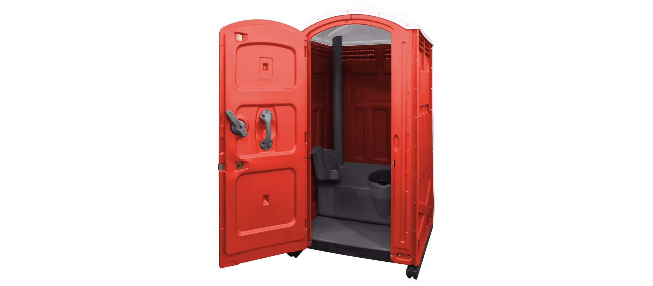 Red portable toilet with an open door, showcasing interior features and sitting area.