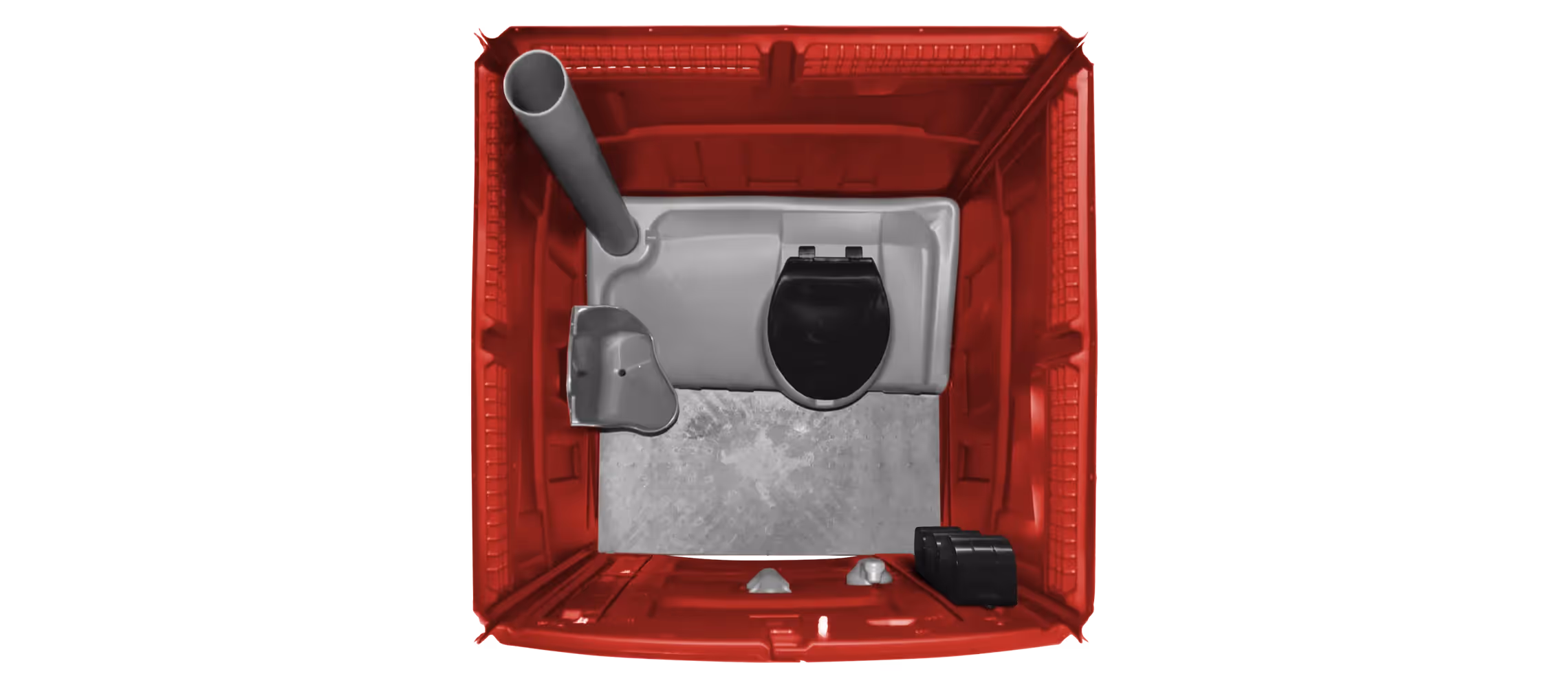 Top view of a red portable restroom featuring a toilet, hand sanitizer, and ventilation pipe.