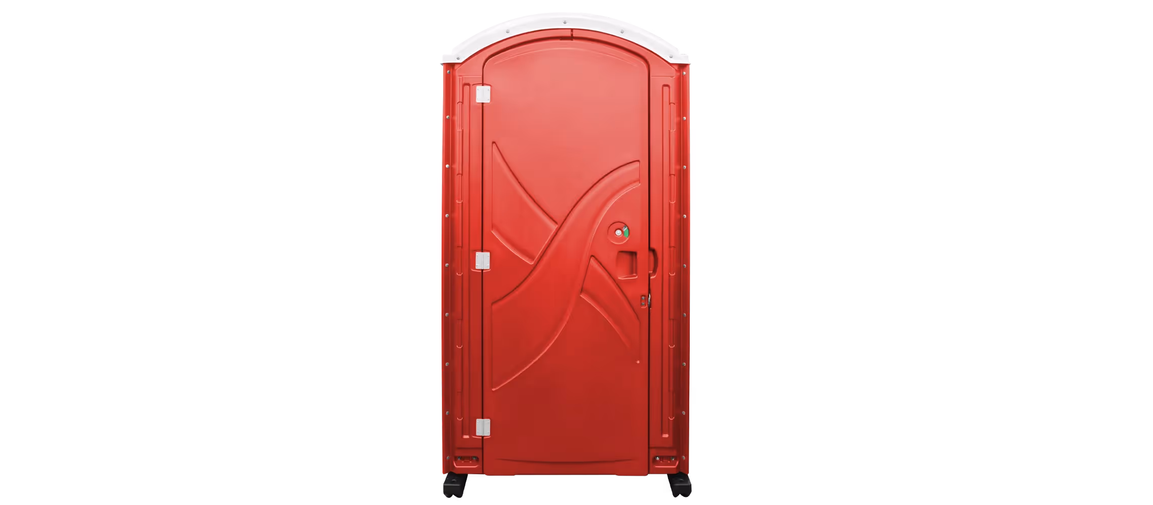 Red portable restroom with a curved top and a simple design on the door.
