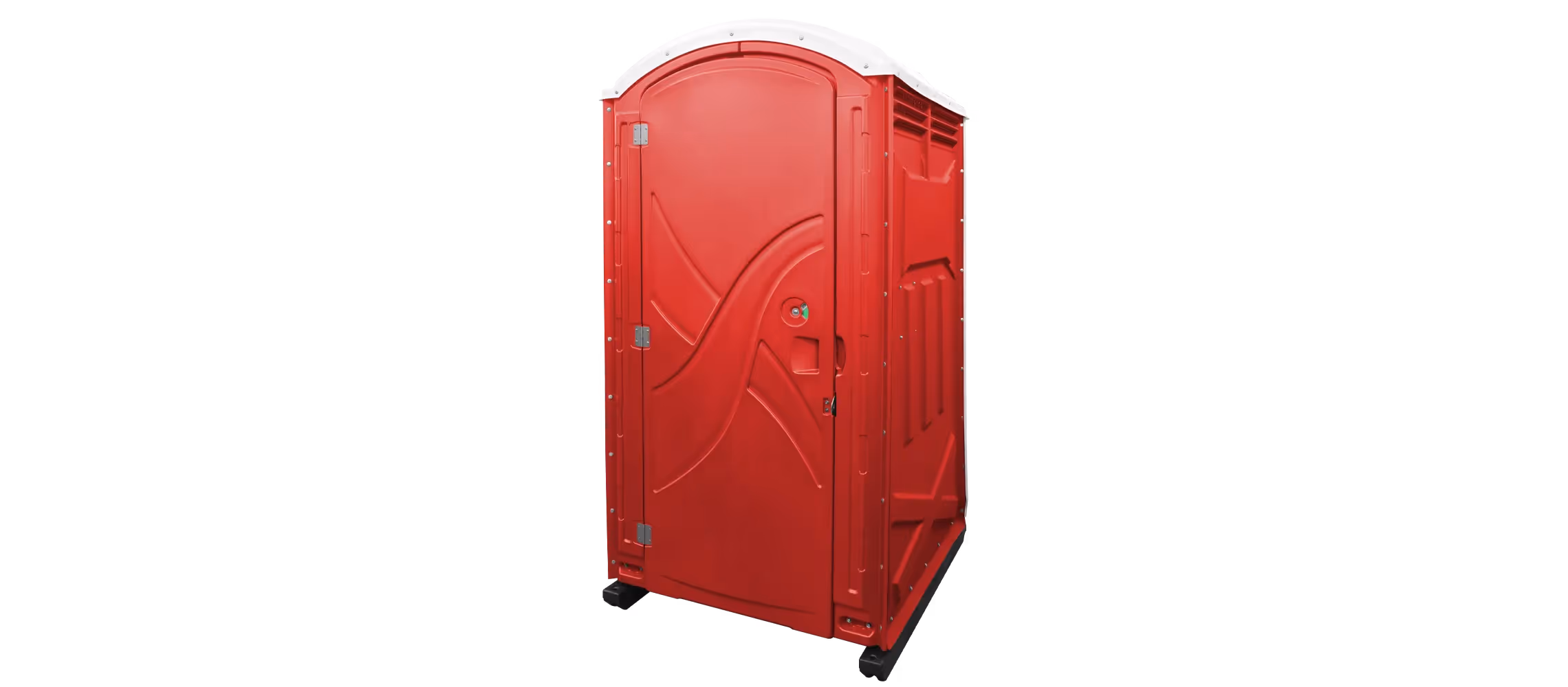 Red portable toilet with a white roof, featuring a door and ventilation slots, on wheels.