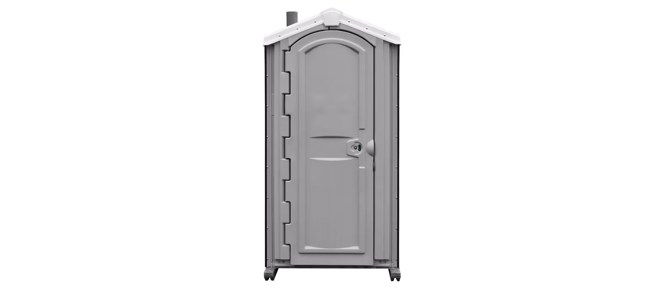A dark gray portable restroom with a curved door and secure lock, set against a black background.