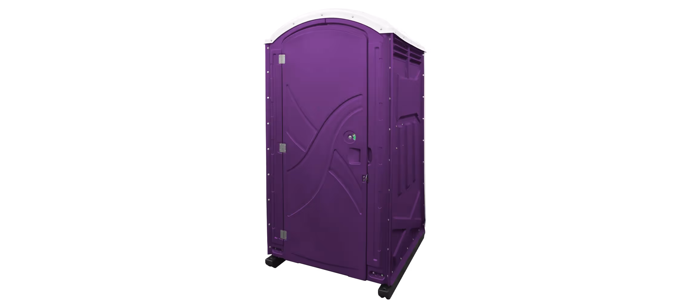 Purple portable toilet with a curved roof and door, designed for outdoor use.