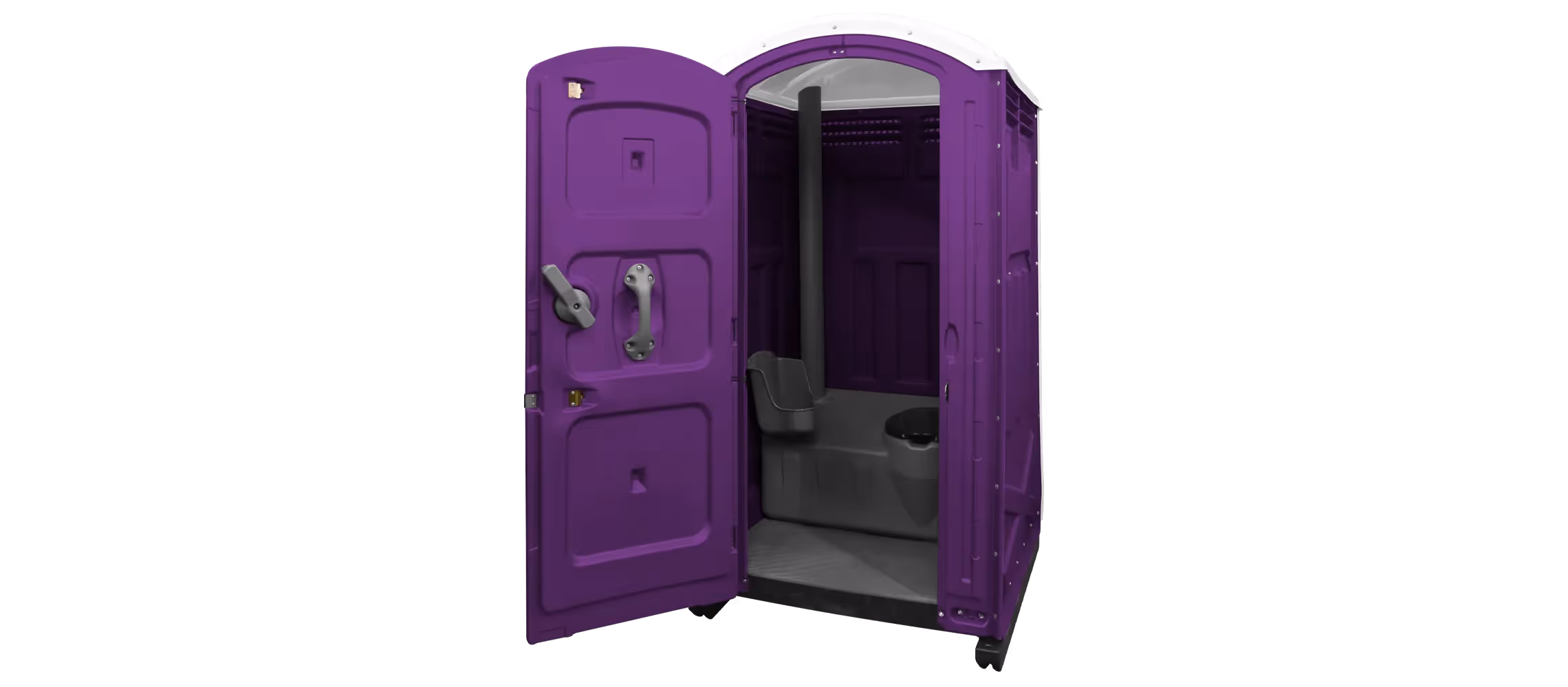 Purple portable toilet with an open door, featuring a single stall and basic amenities.