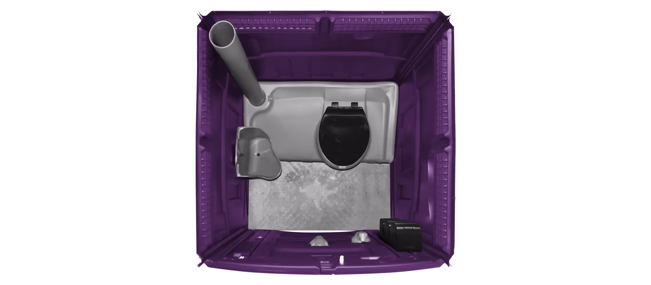 Top view of a purple portable toilet interior, featuring a toilet seat, hand sanitizer, and waste