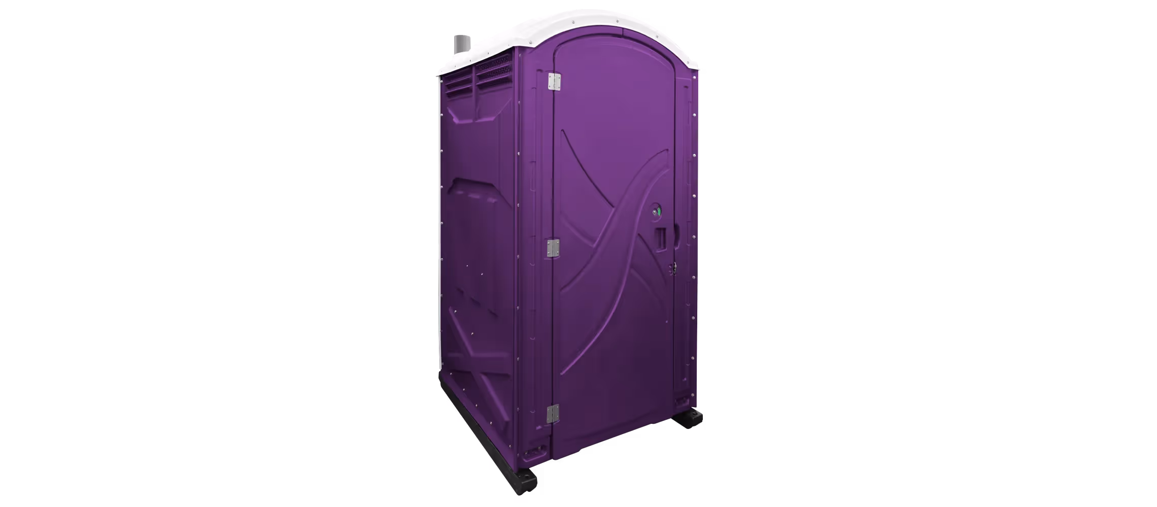 A purple portable restroom with a white roof and a single door.