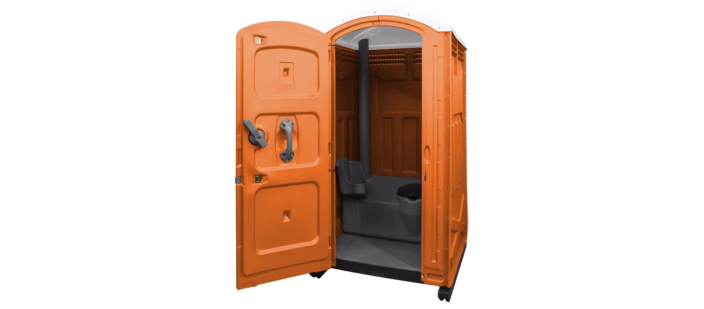 An open orange portable toilet showing the interior with a toilet seat and handwashing station.