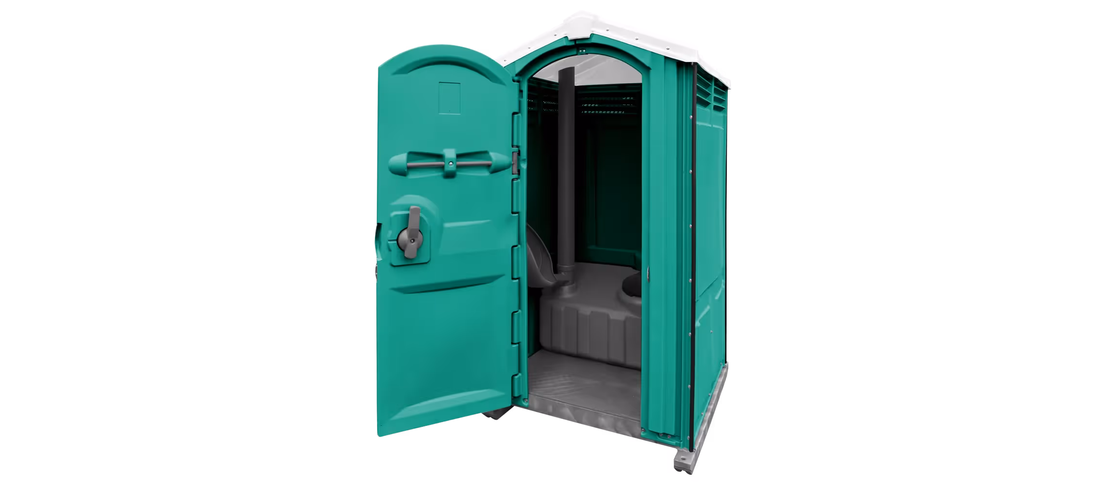 Aqua portable toilet with an open door, featuring a simple interior design.