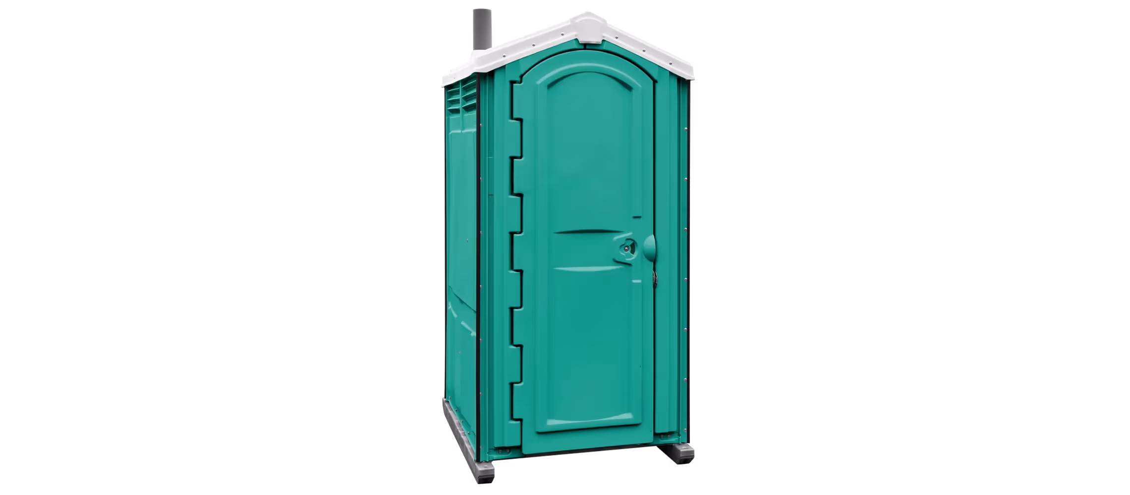 A portable aqua blue toilet with a sloped roof and a front door.