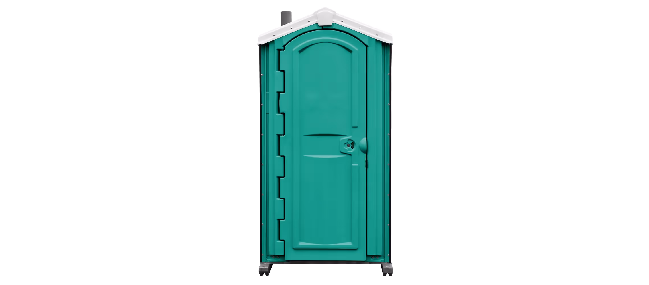 A teal portable toilet with a curved door and a roof, set against a black background.