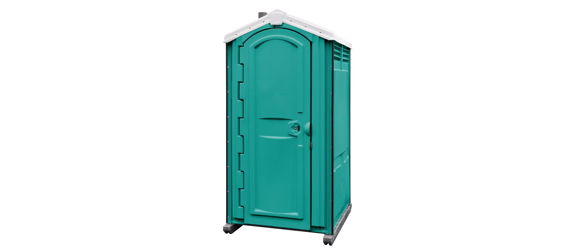 A green portable toilet with a single door and a sloped roof design.