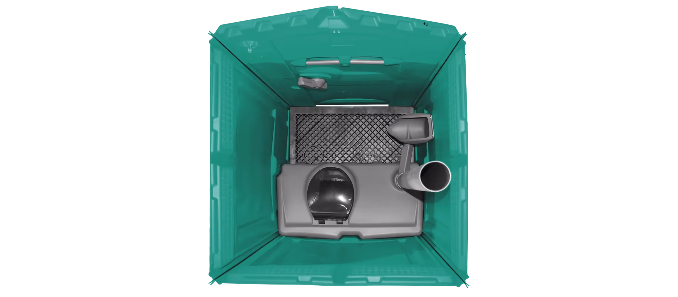 Interior view of a teal portable restroom featuring a black toilet and hand sanitizer dispenser.