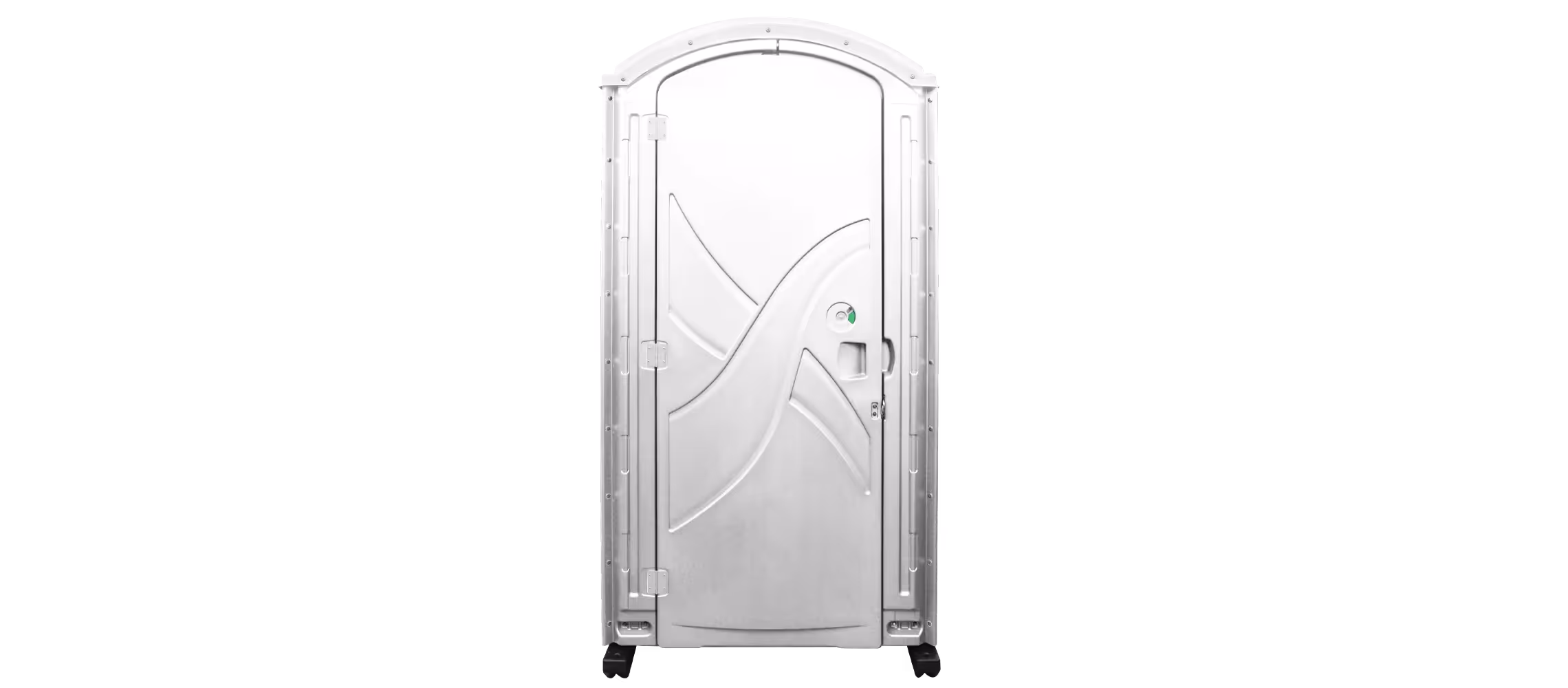 Portable white restroom door with a curved top and modern design, set against a black background.
