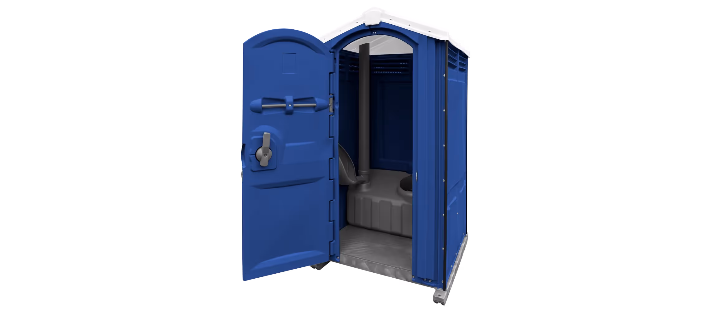 A dark blue portable toilet with an open door, showing the interior space.