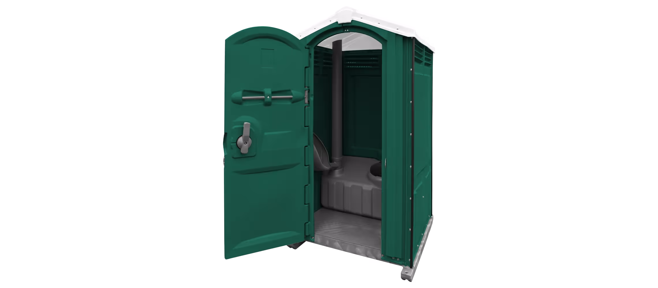 A green portable toilet with an open door, featuring a simple interior and a locking mechanism.