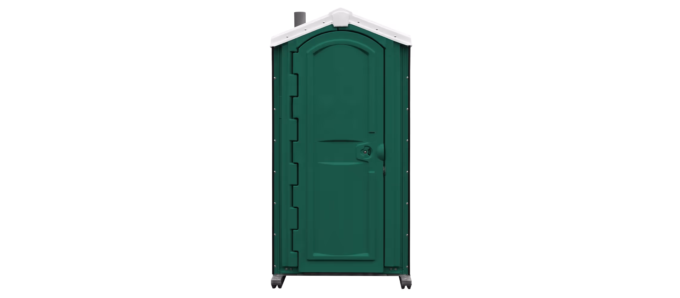 Portable toilet in forest green with a curved door and a white roof.