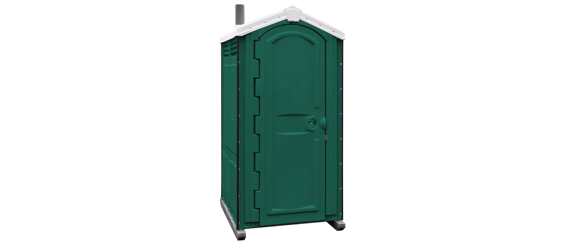Green portable toilet with a peaked roof and a single door, set against a black background.