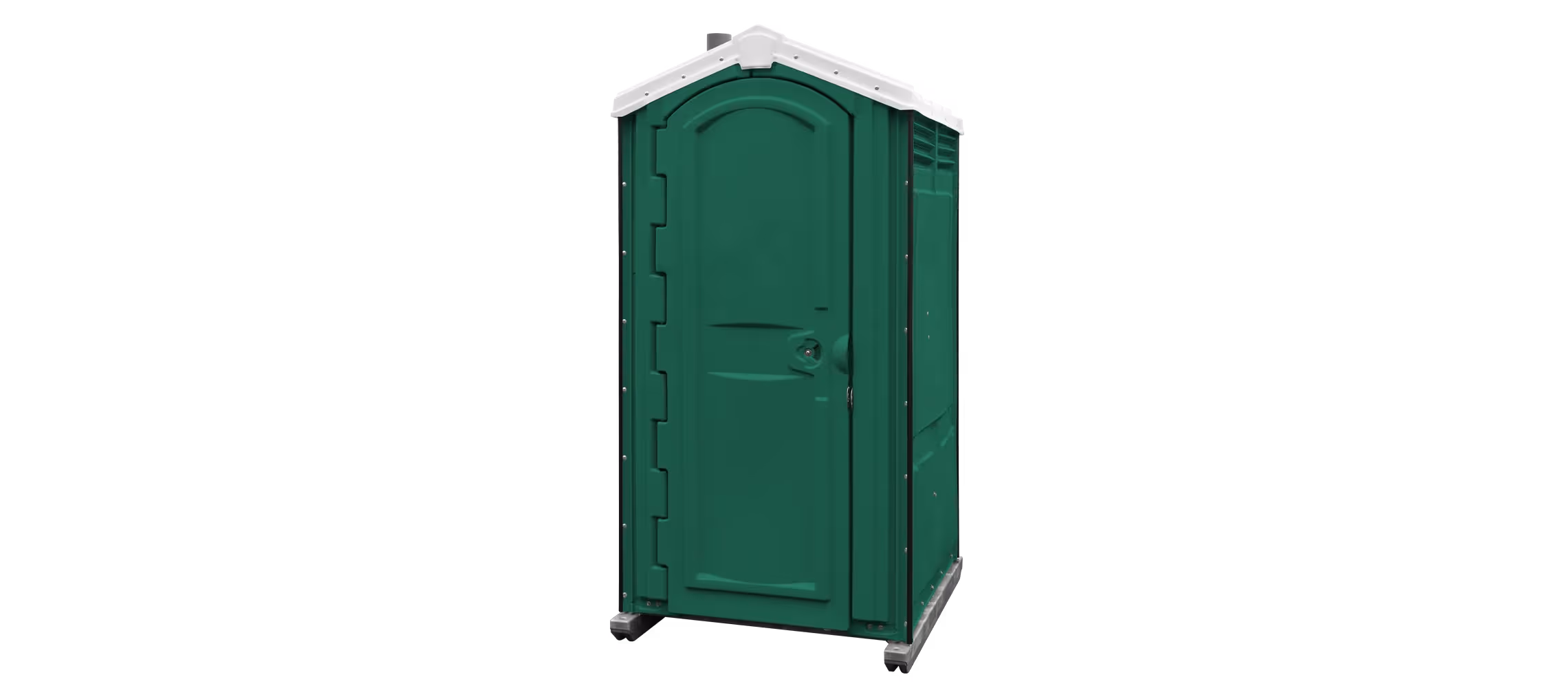 Green portable restroom with a peaked roof and a single door, set against a black background.