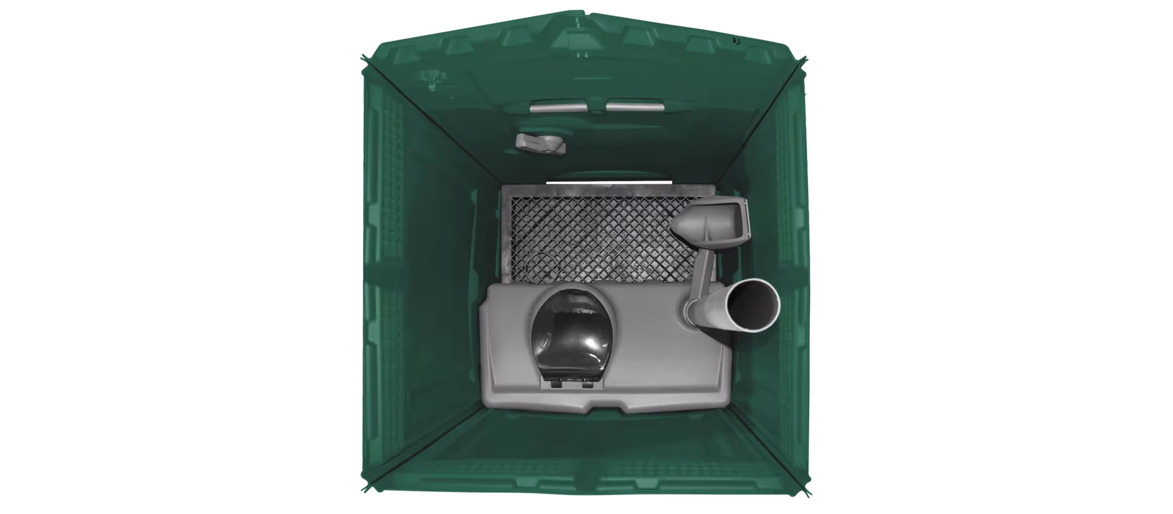 Inside view of a forest green portable toilet showing the interior features and layout.