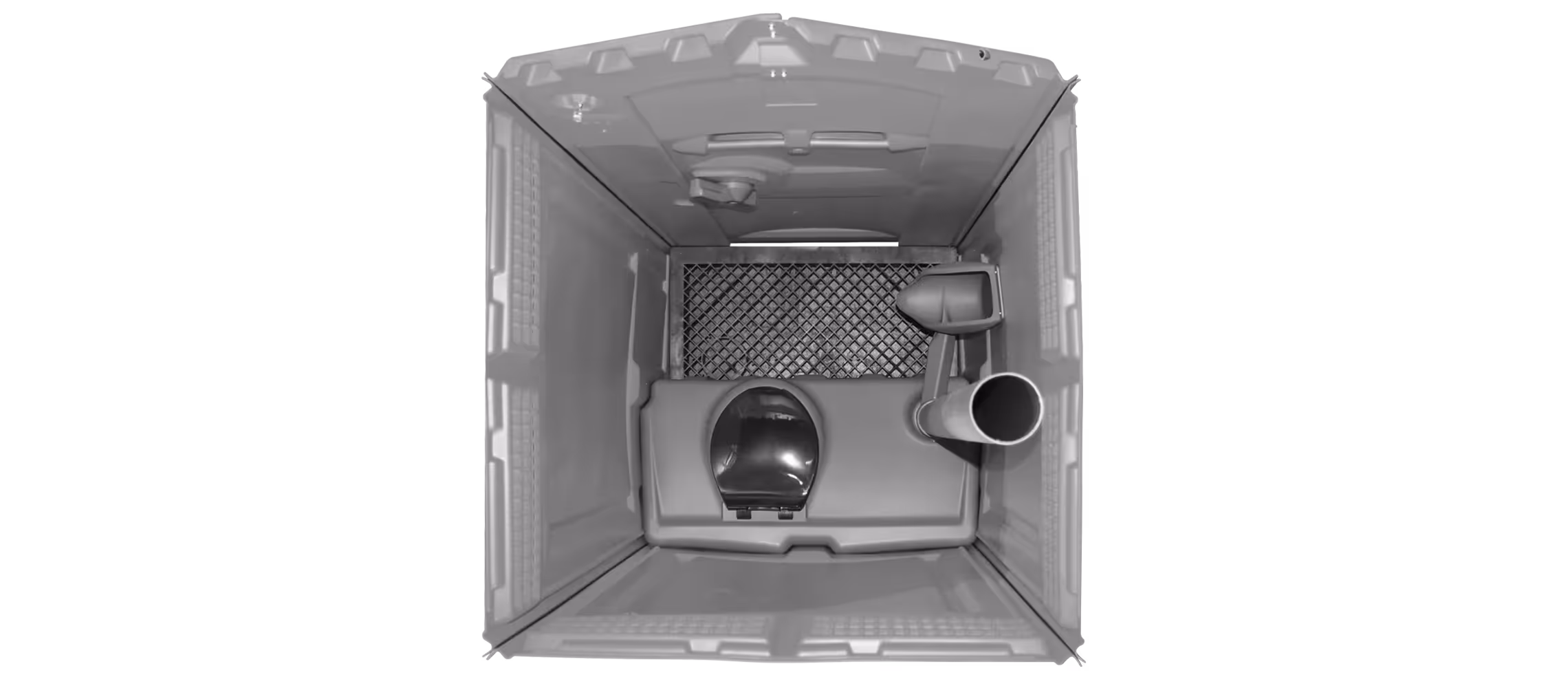 Top view of a dark gray portable toilet with a toilet seat and waste pipe inside.