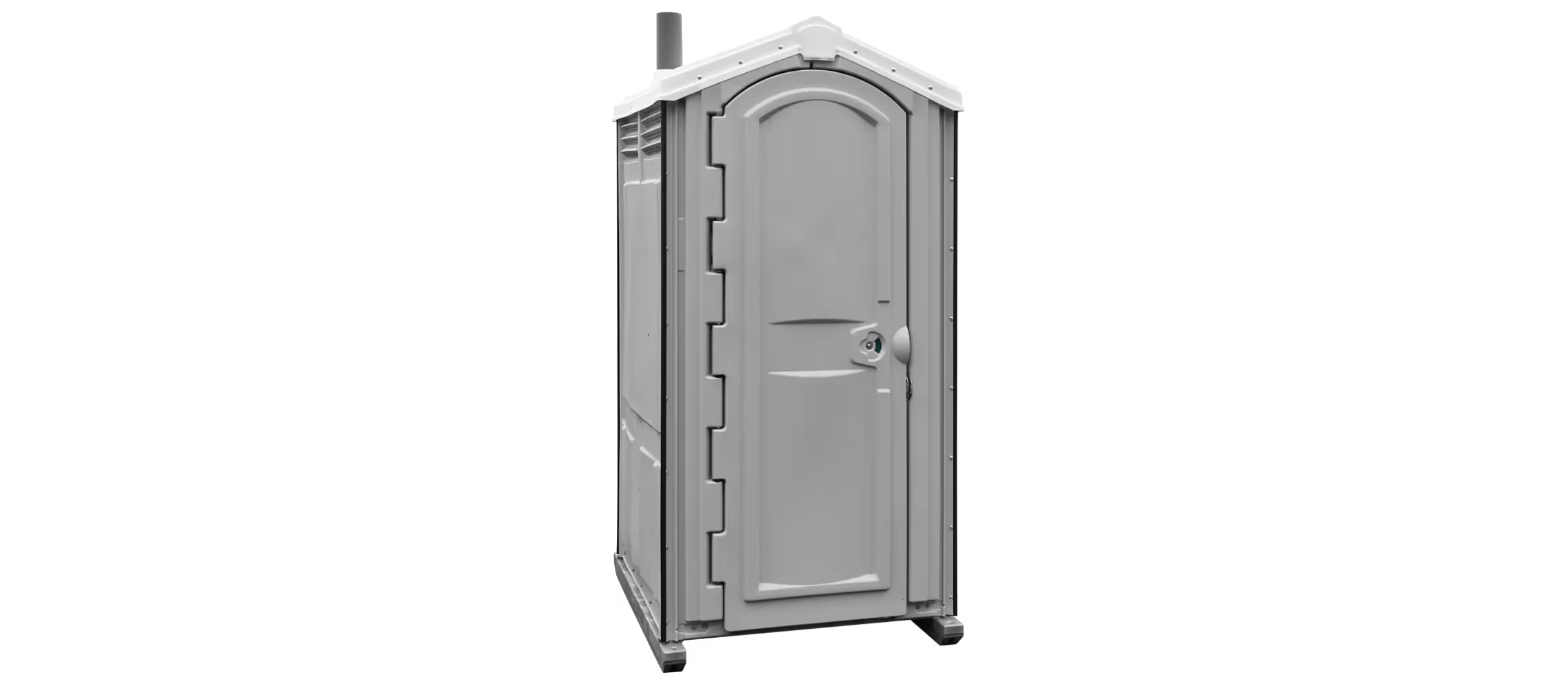 Dark gray portable restroom with a curved roof and a side vent for ventilation.
