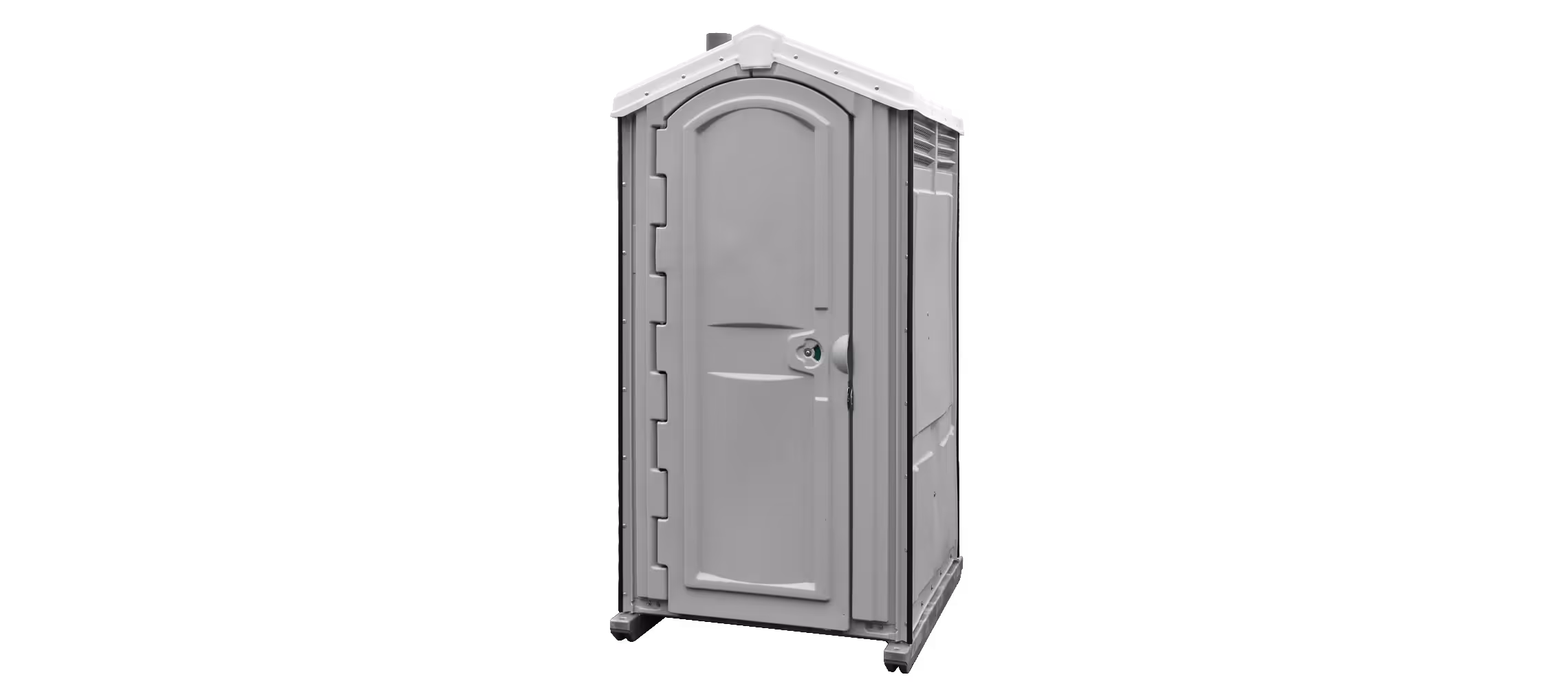 Portable dark gray restroom unit with a hinged door and ventilation features.