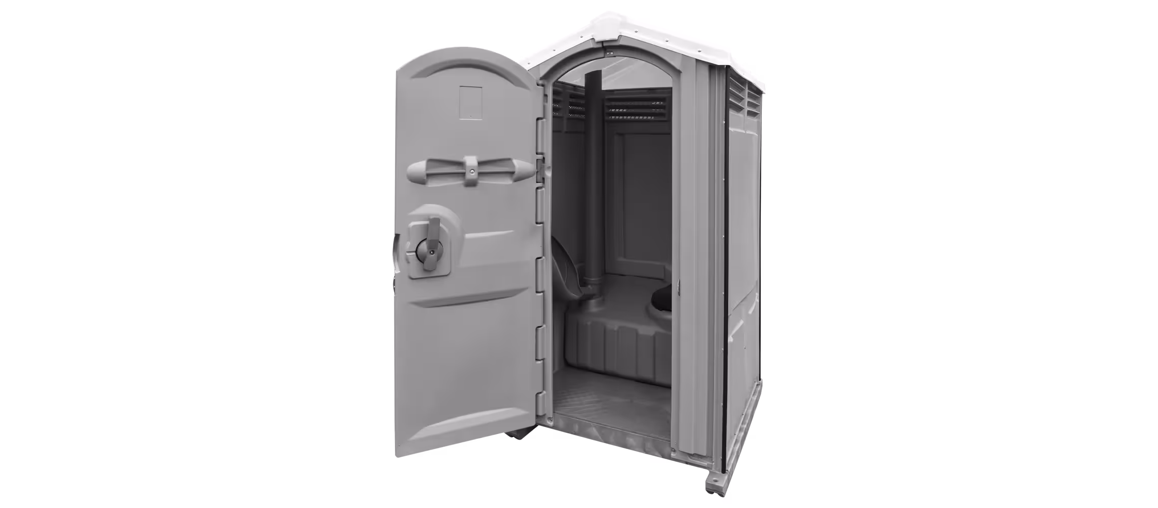 Portable toilet structure in dark gray with an open door, showing the interior.