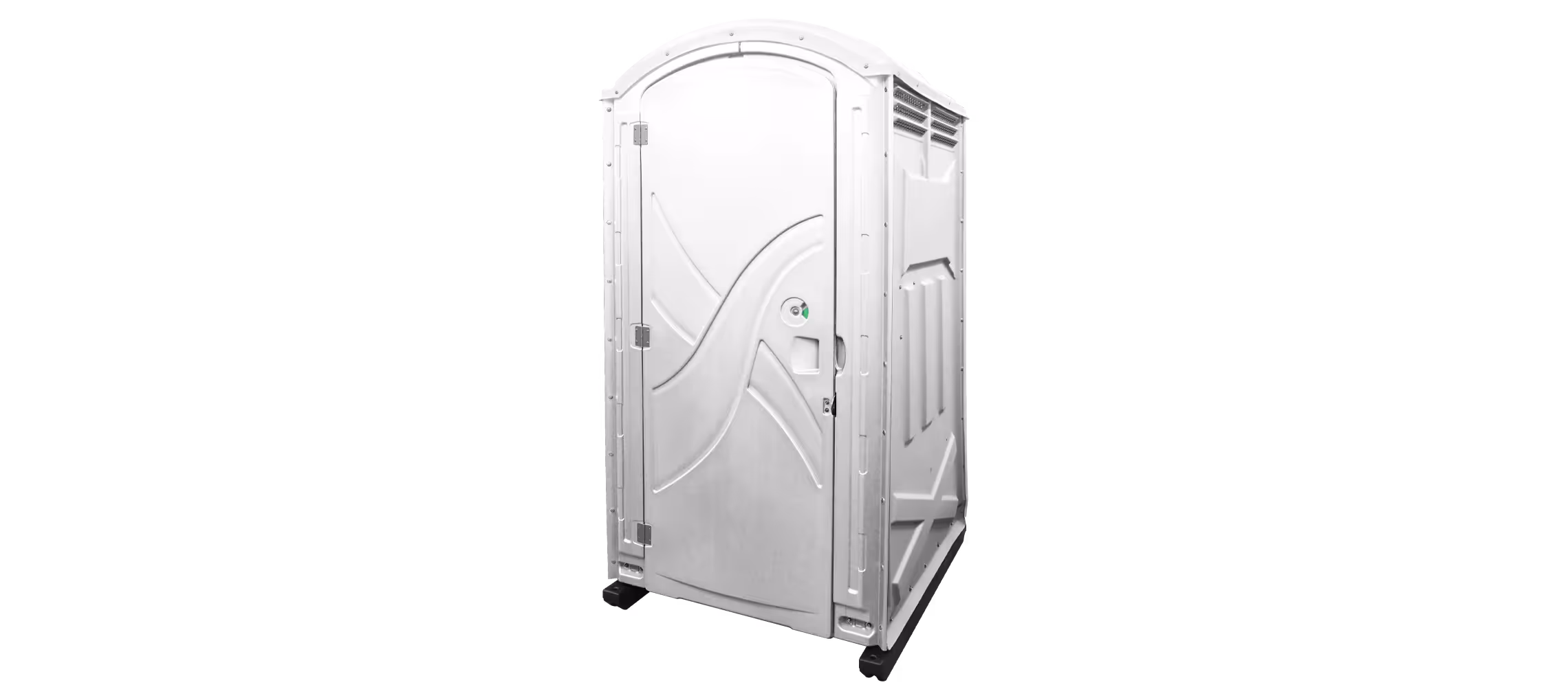 Portable white restroom with a rounded top and door, designed for temporary outdoor use.
