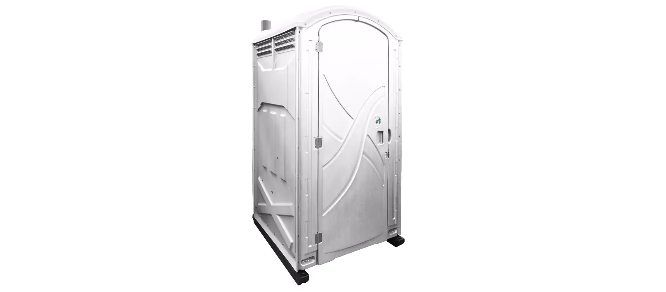 A white portable toilet with a curved roof and front door on a black background.