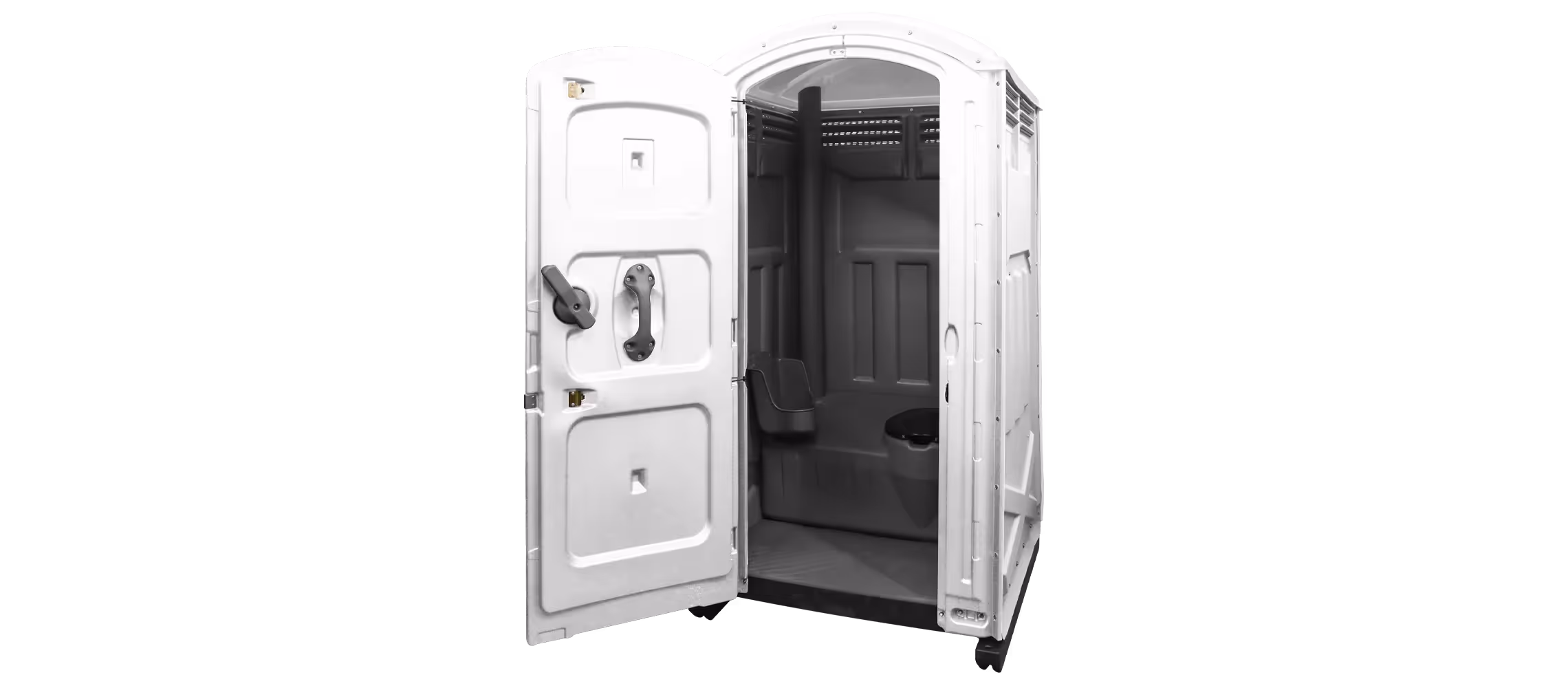 White portable toilet with an open door, showcasing the interior features and facilities inside.