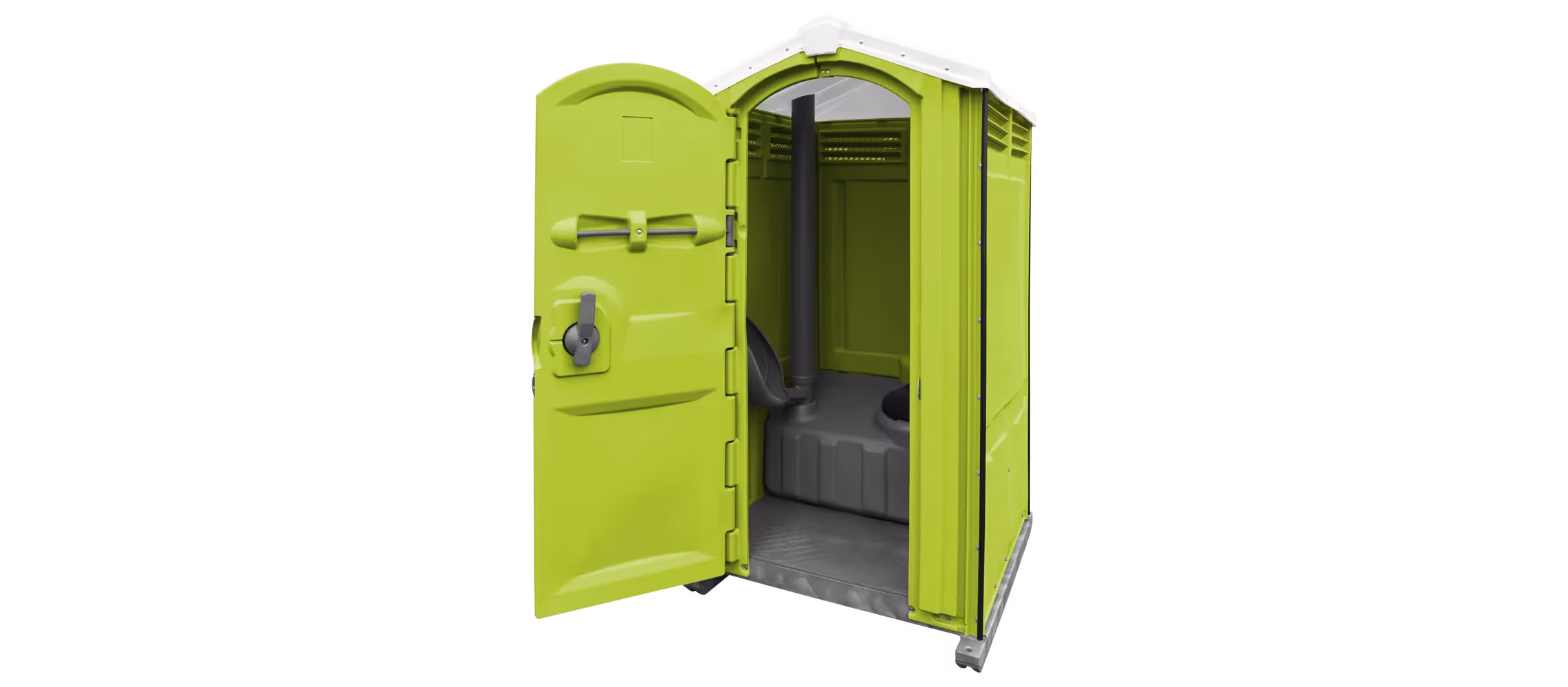 Green portable toilet with an open door, featuring a simple interior design.