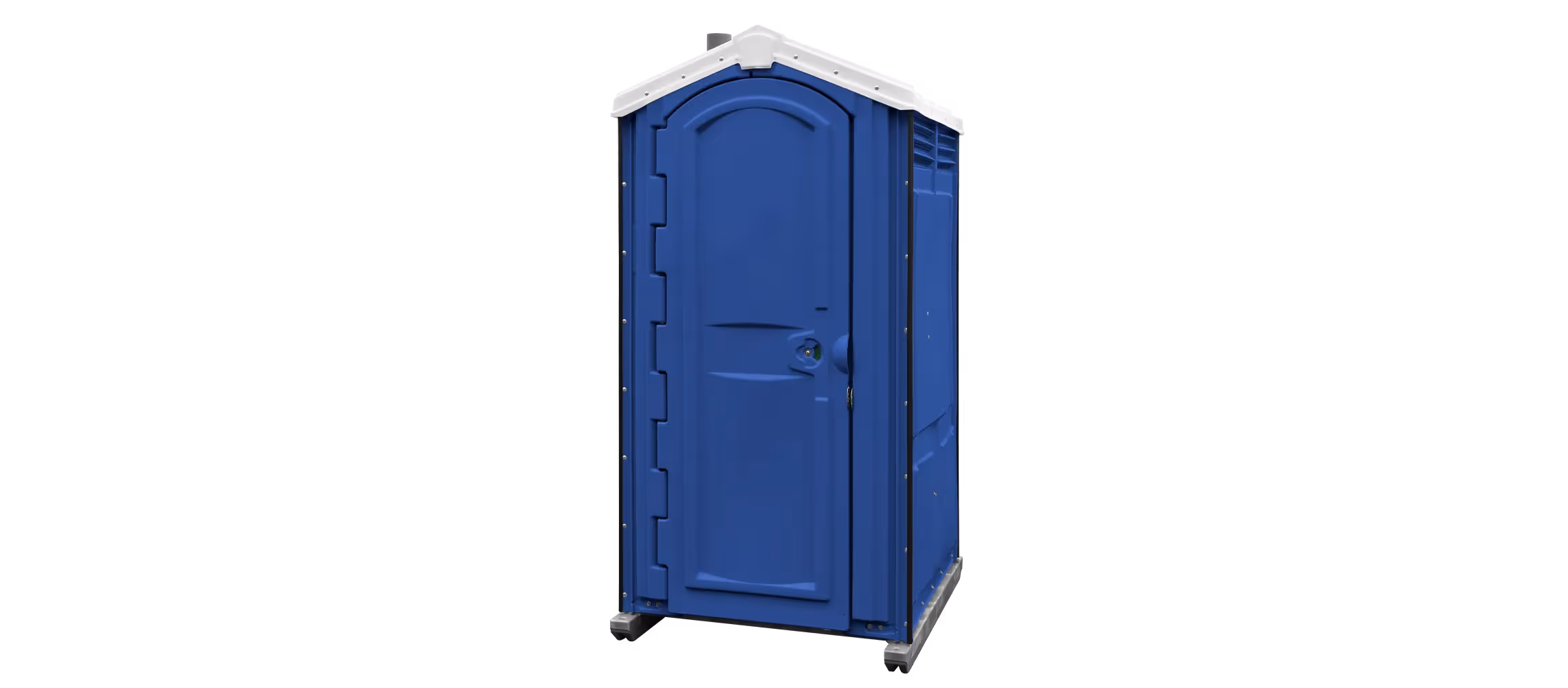 Dark blue portable restroom with a gray roof and a single door.