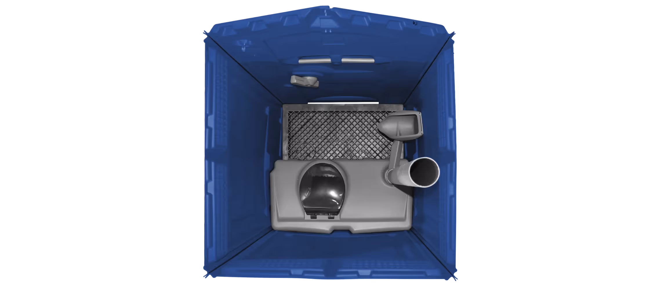 Top view of a dark blue portable toilet, featuring a gray interior and a hand sanitizing station.