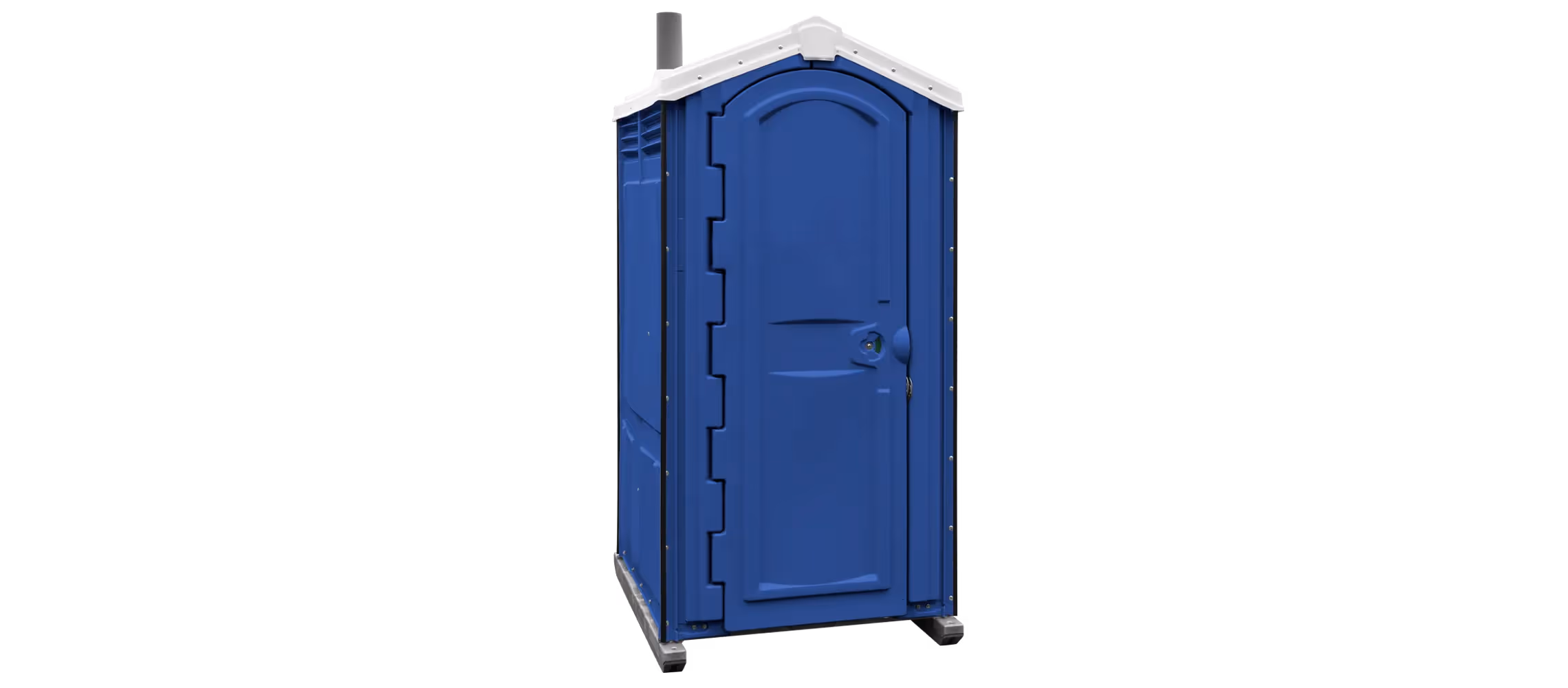 Dark blue portable toilet with a curved roof and a single door. Suitable for outdoor events.