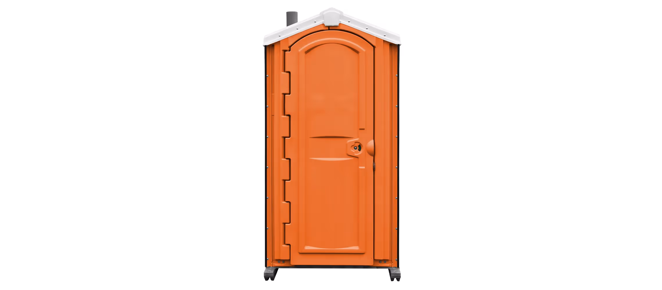 Portable orange restroom with a curved roof and a single door, set against a black background.