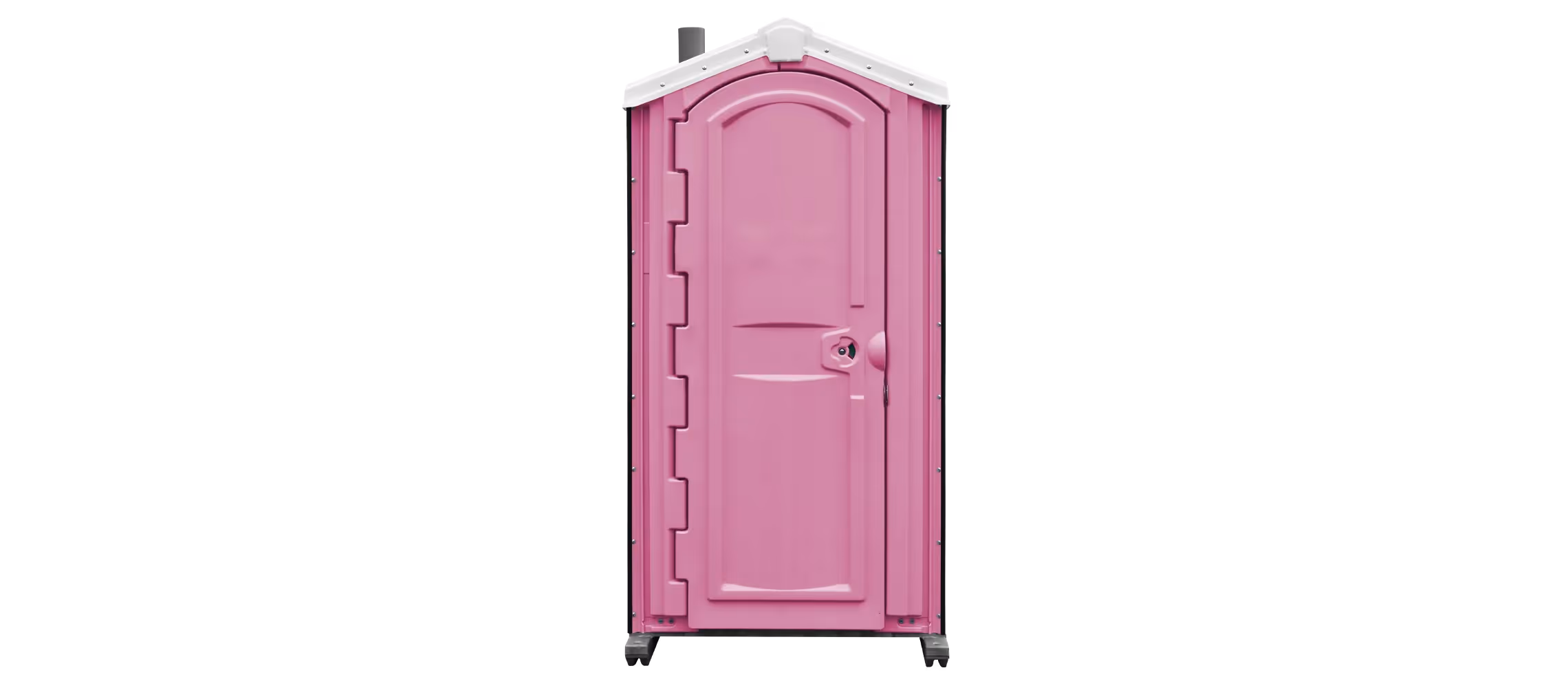 Bright pink portable restroom with a white roof and a single door.