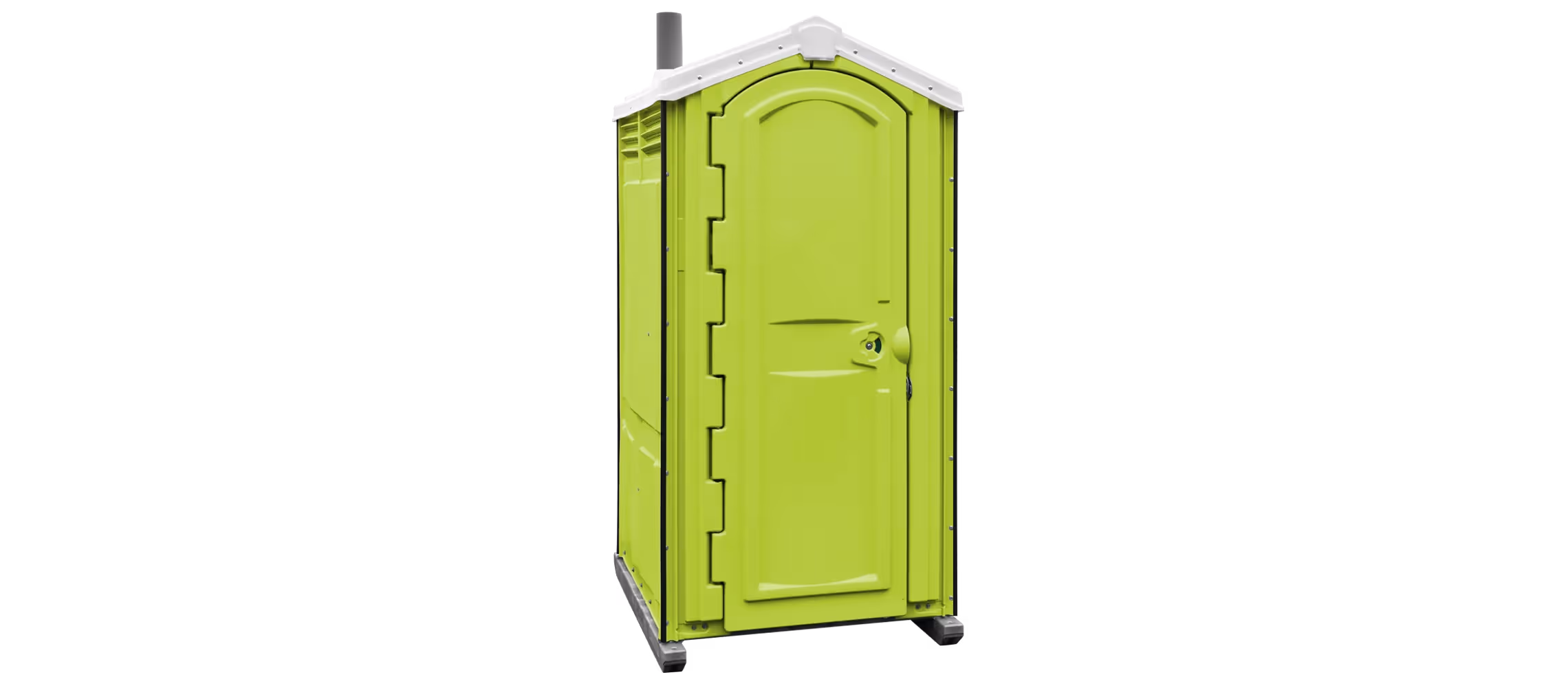 Bright lime green portable restroom with a white roof and a side ventilation pipe.