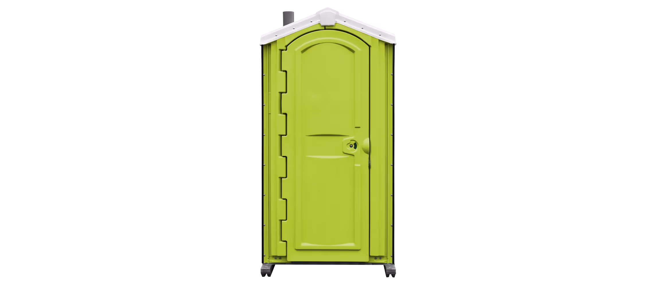 Bright lime green portable toilet with a curved door and white roof, set against a black background.