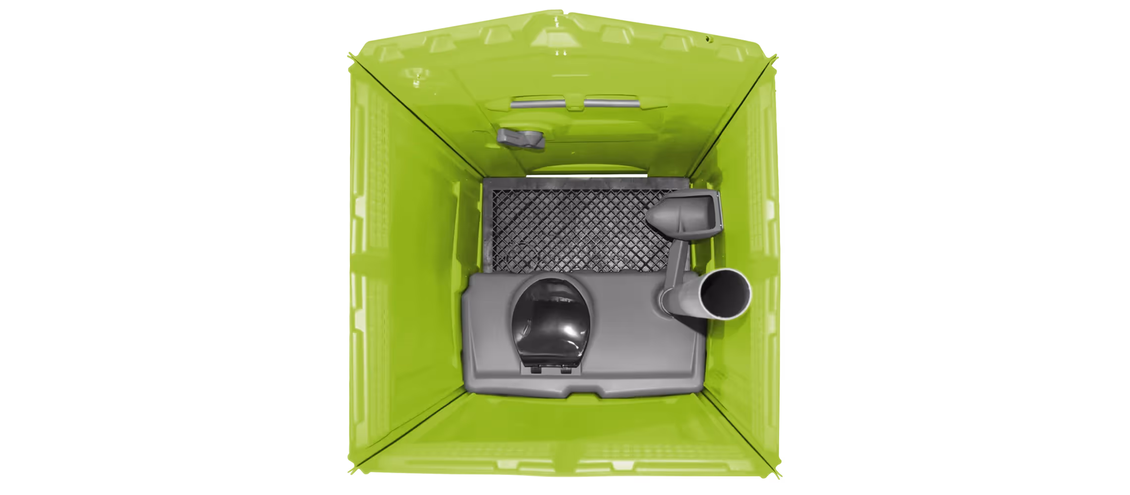 Lime green portable restroom interior with a toilet, hand sanitizer, and a privacy partition.