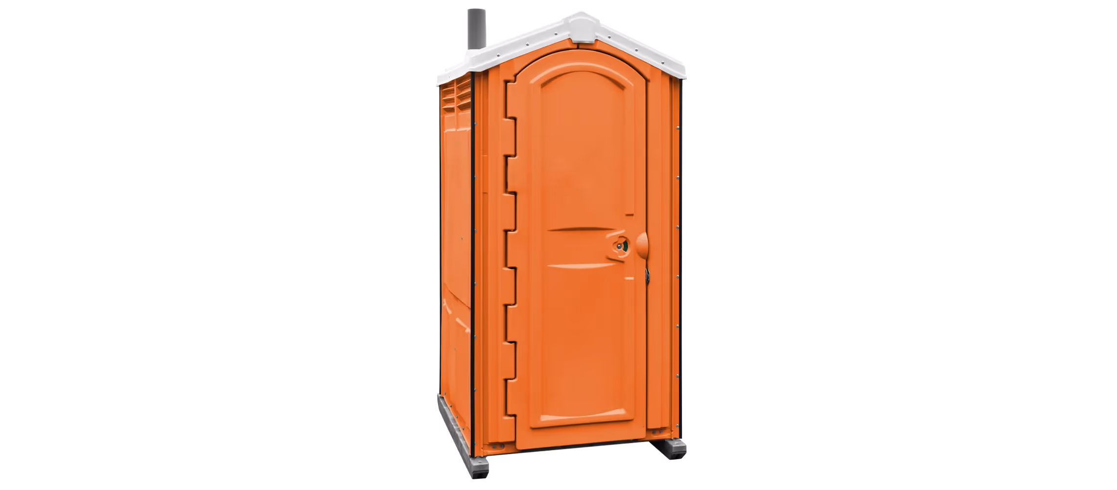 Orange portable toilet with a locking door and ventilation at the top, placed on wheels.
