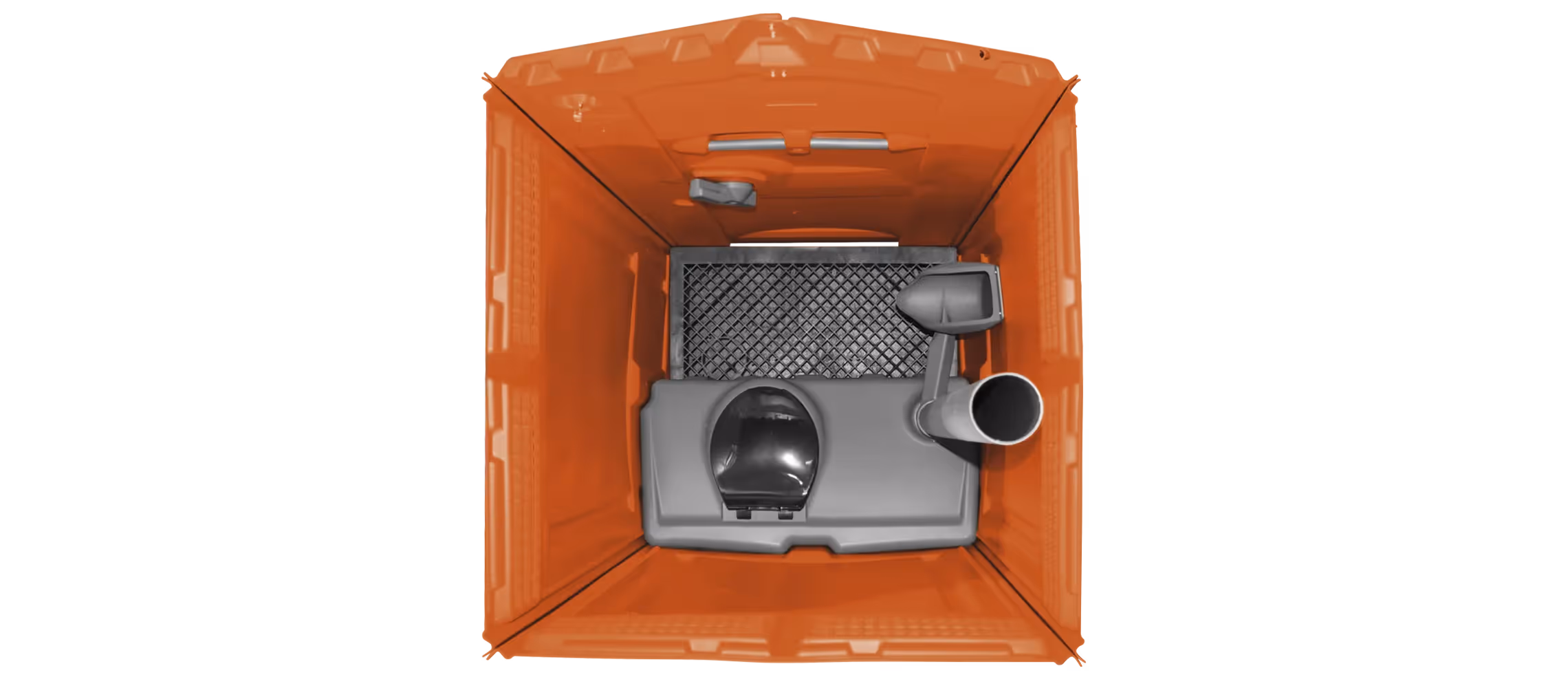 Top view of an orange portable toilet featuring a black seat and hand sanitizer dispenser.