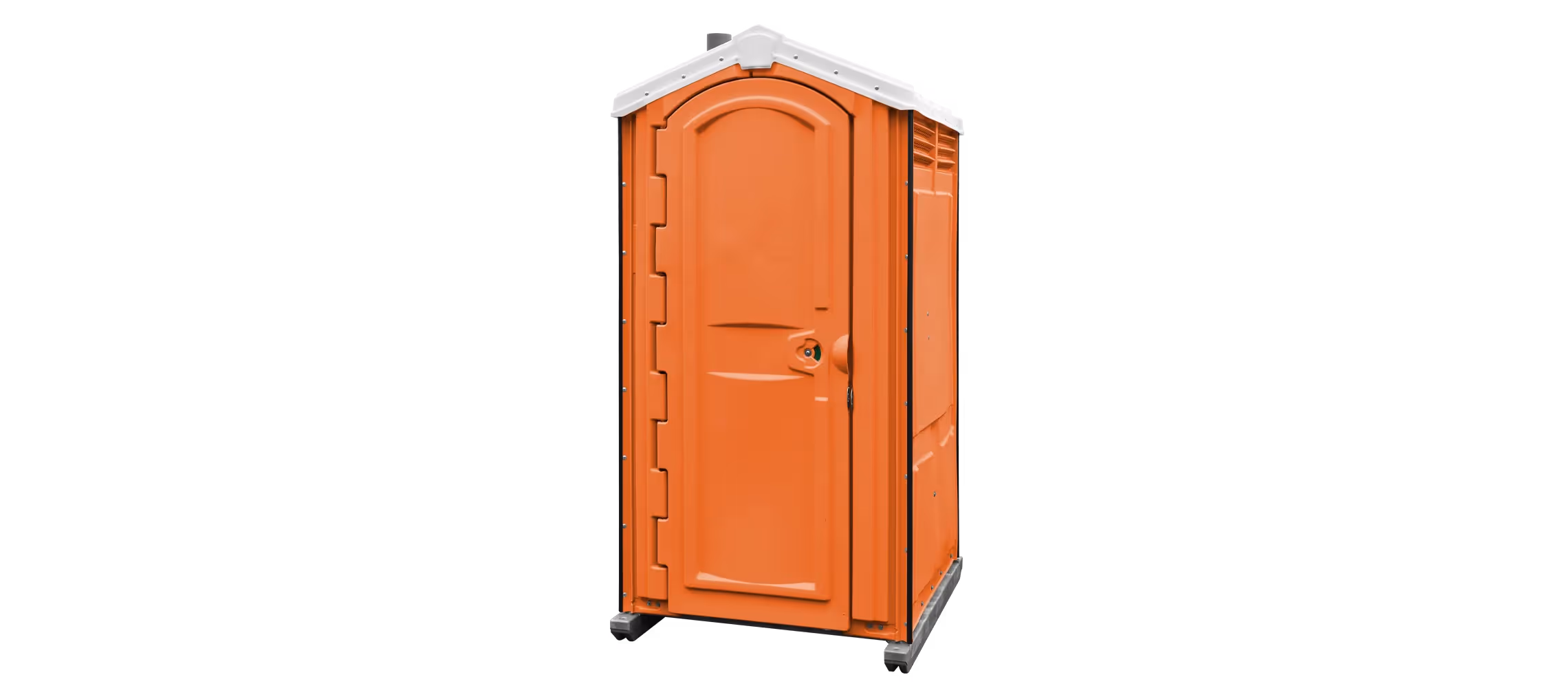 Orange portable toilet with a sloped roof and door handle, set against a black background.