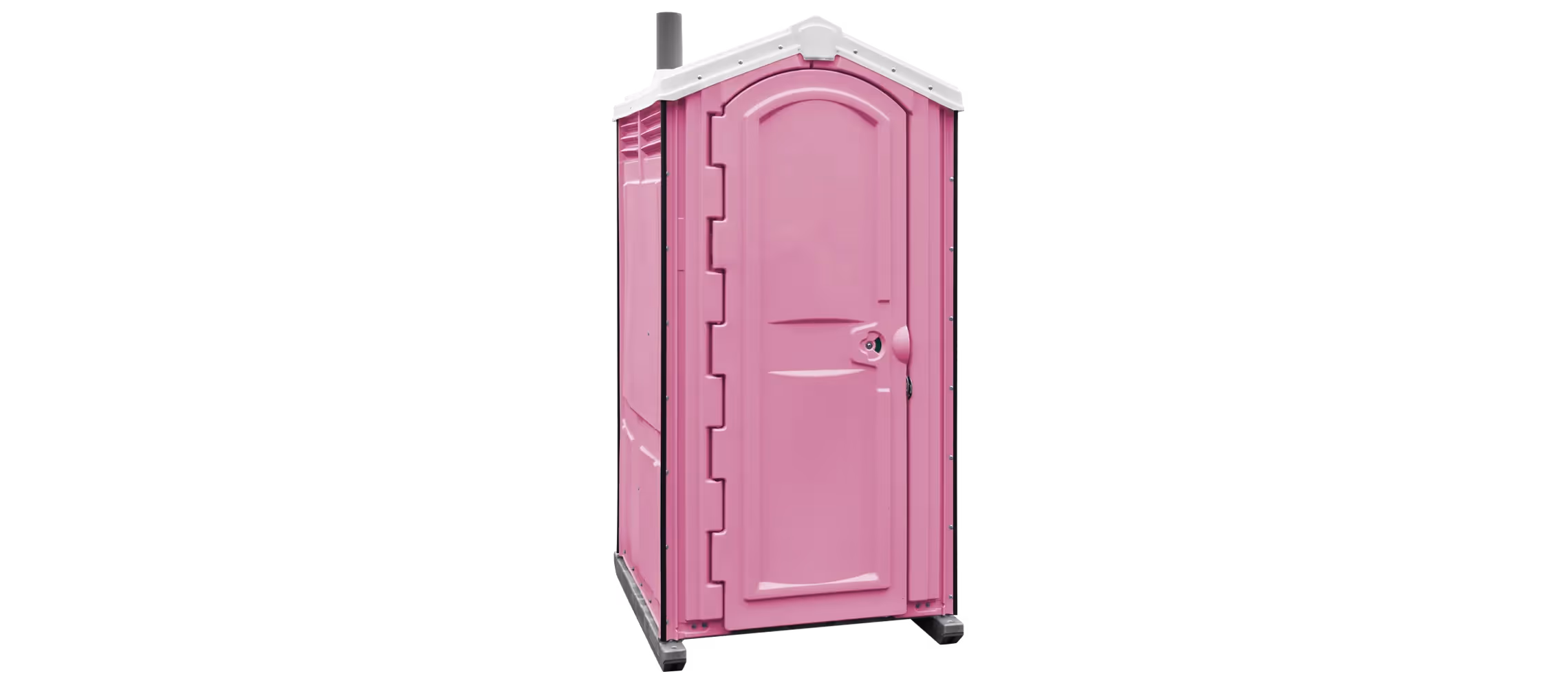 Pink portable restroom with a peaked roof and door handle, set against a black background.