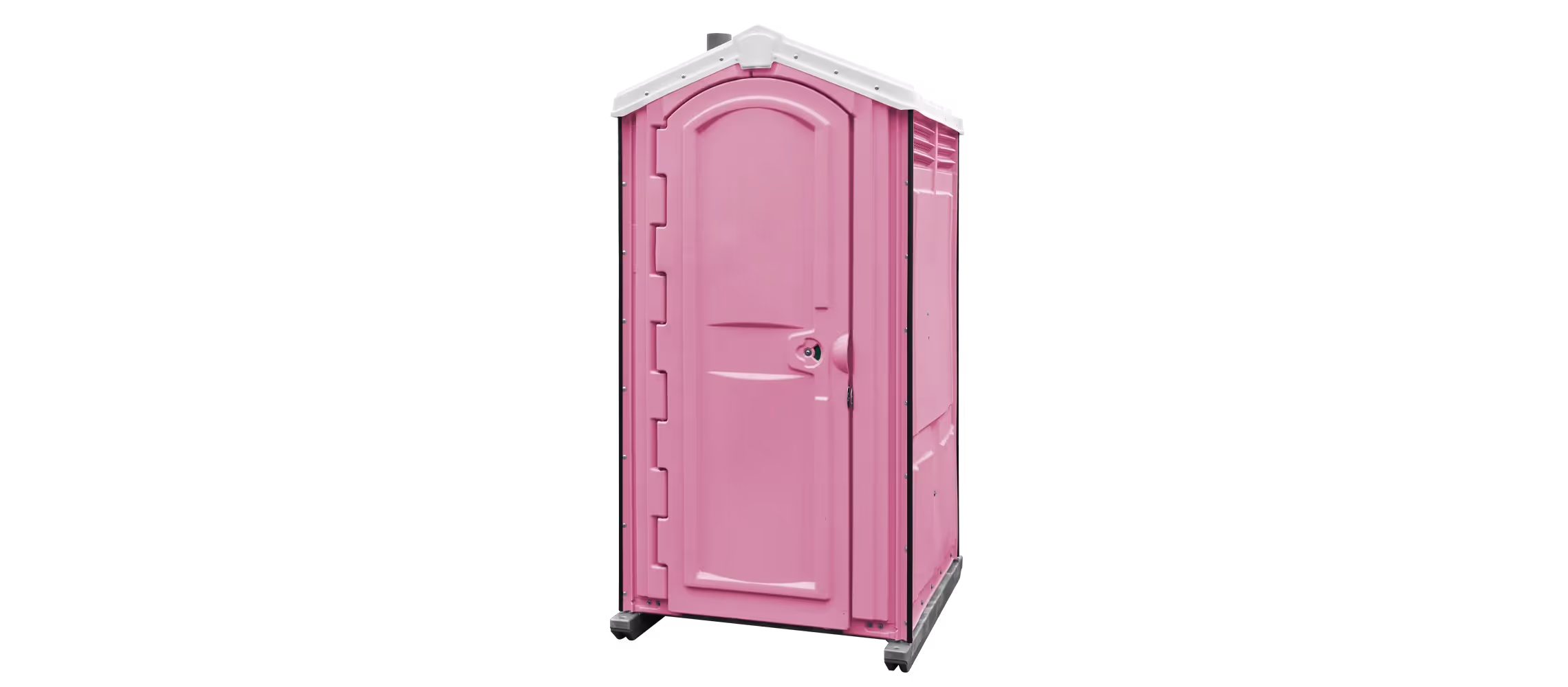 A bright pink portable toilet with a curved roof and a single door on wheels.