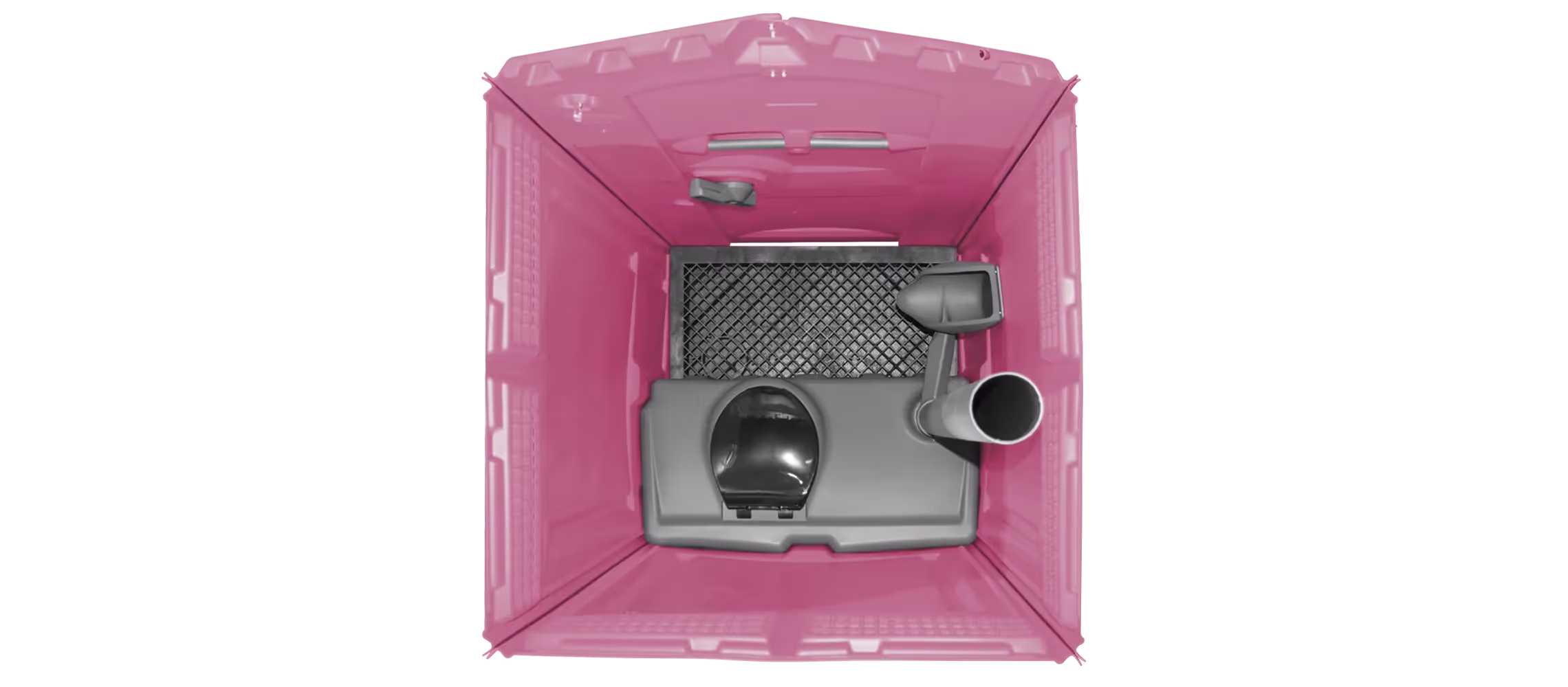 Interior view of a pink portable restroom with toilet and privacy features.