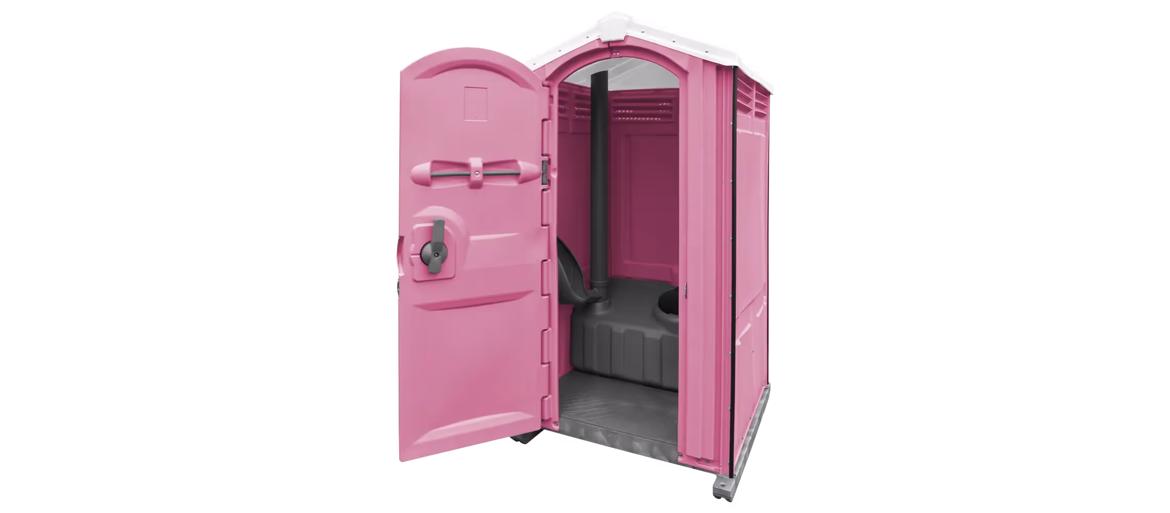 A pink portable toilet with an open door, showing the interior and toilet seat.