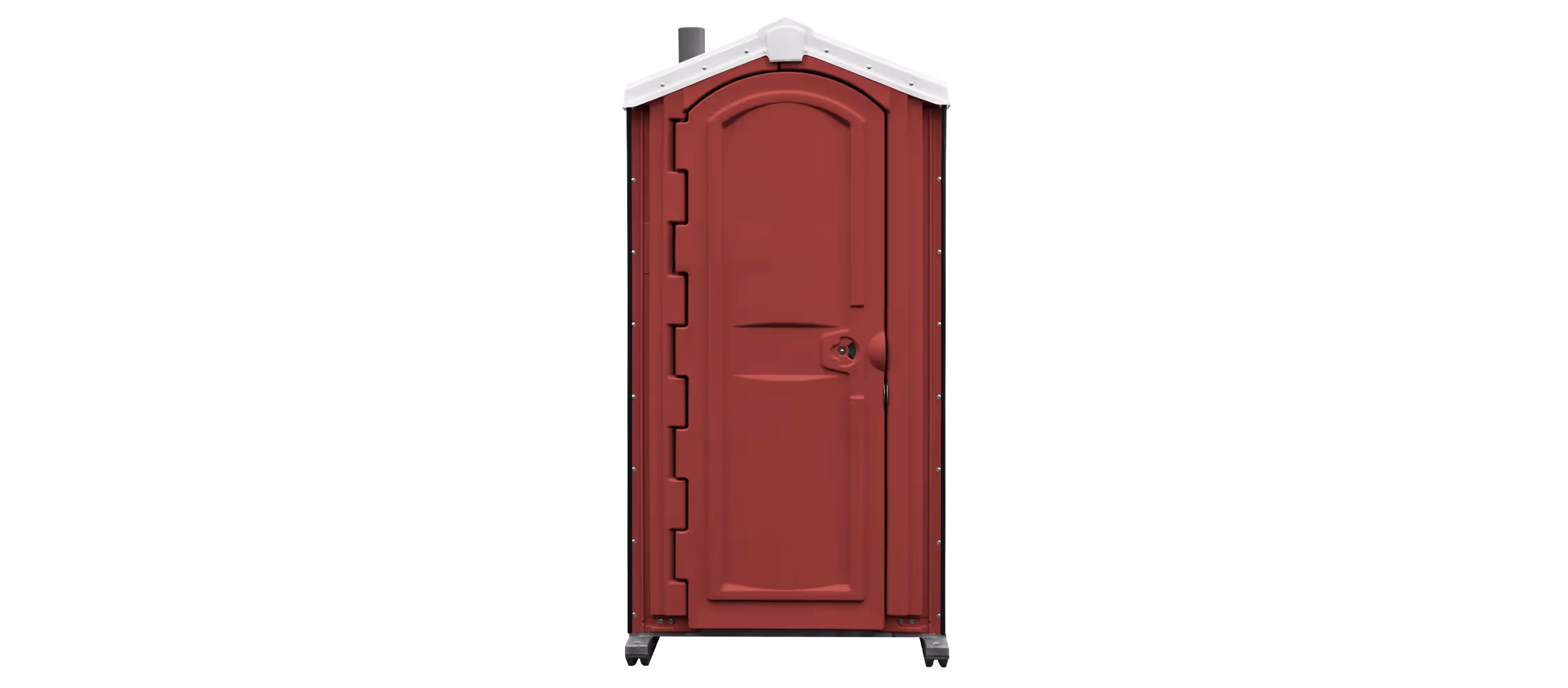 Maroon portable restroom with a curved roof and a single door, set against a black background.
