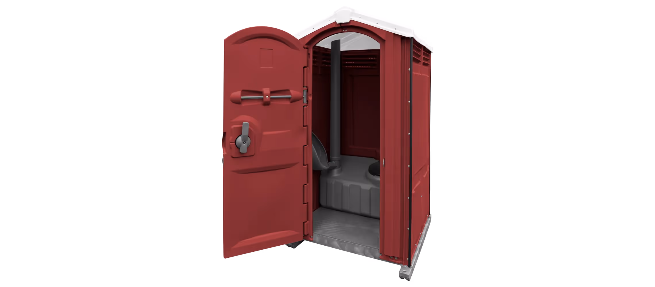 A maroon portable toilet with an open door, showcasing the interior design.
