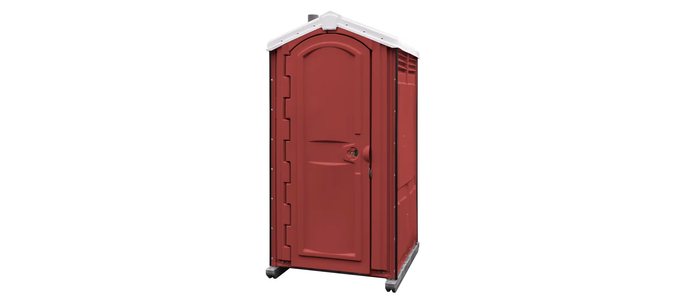 A maroon portable toilet with a raised roof and a door handle.